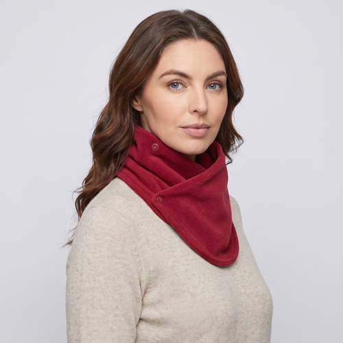 Fleece Snood neck warmer in Crimson, three-quarter view showing the two poppers