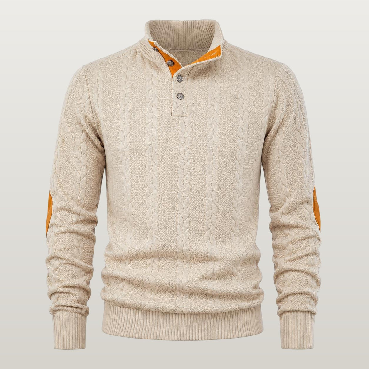 Men Cable Knit Mock Neck Sweater - Khaki
