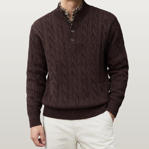 Men Cable Knit Henley Sweater - Brown