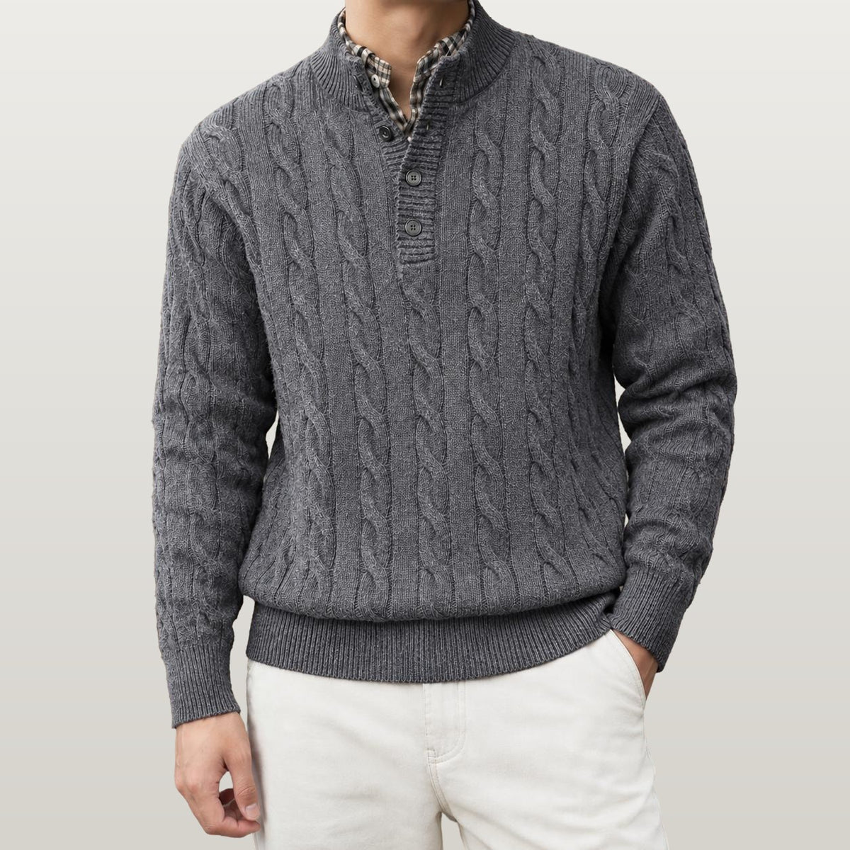 Men Cable Knit Henley Sweater - Gray