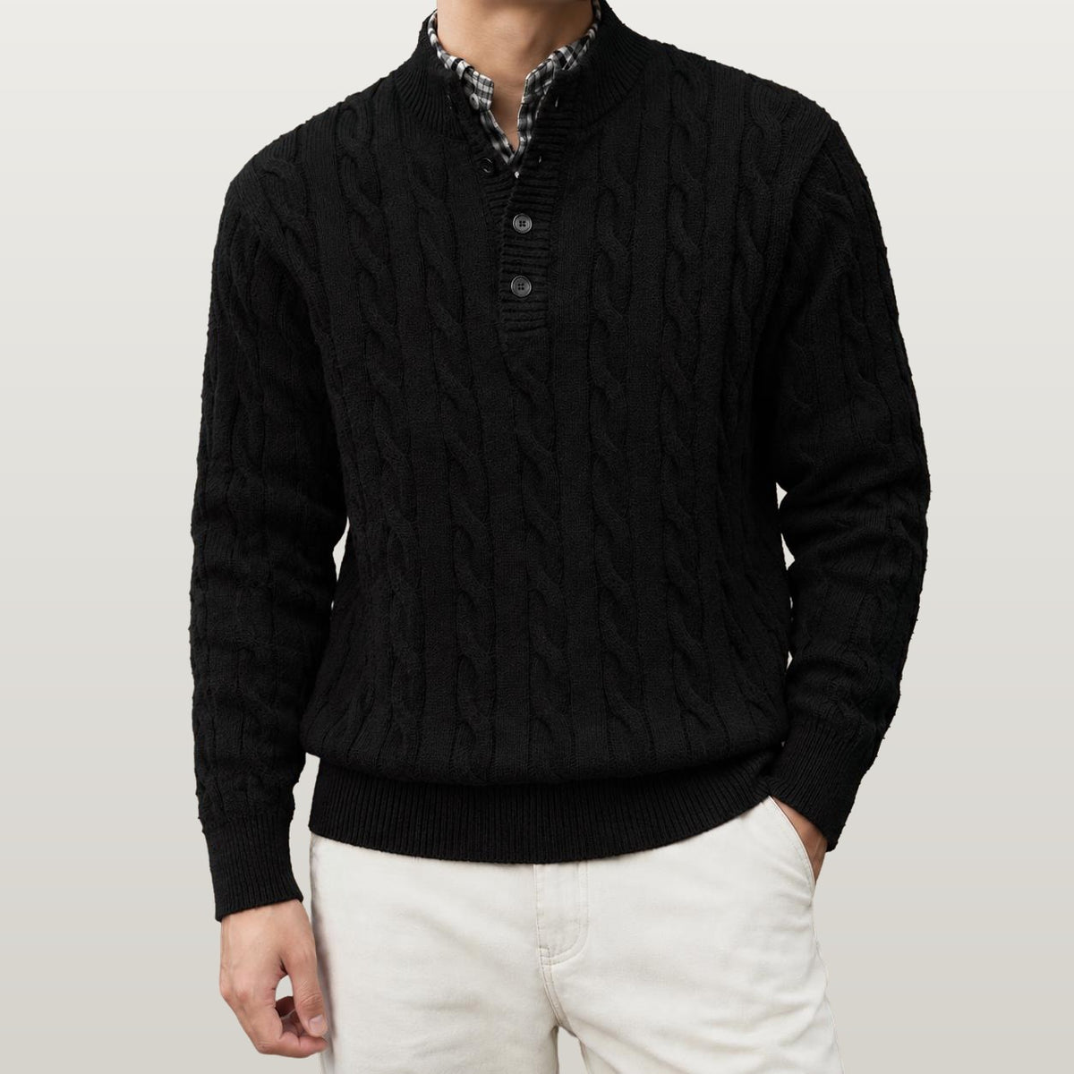 Men Cable Knit Henley Sweater - Black