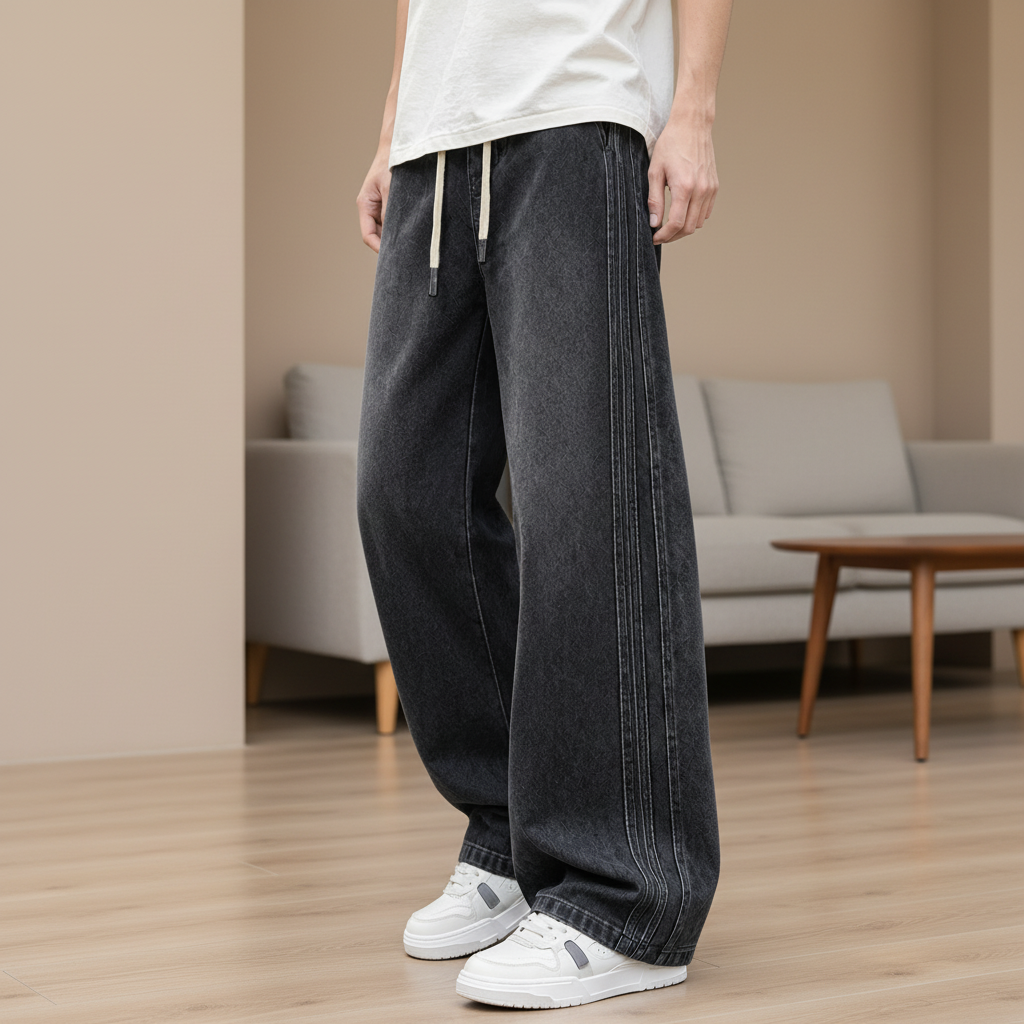 Men Baggy Wide Leg Jeans - Black