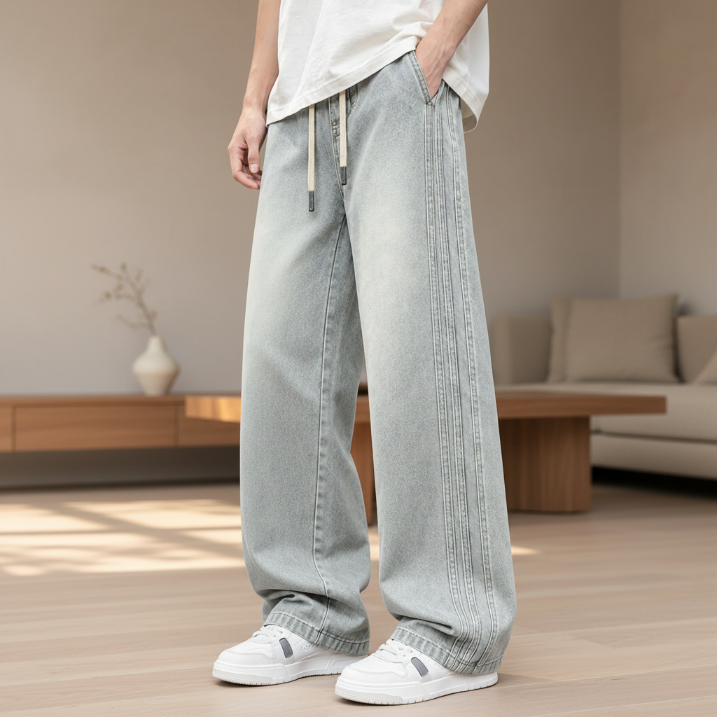 Men Baggy Wide Leg Jeans - Light Gray