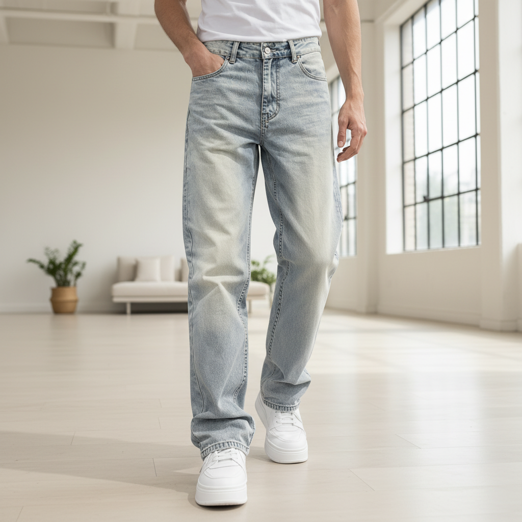 Men Loose Straight Leg Jeans - Blue