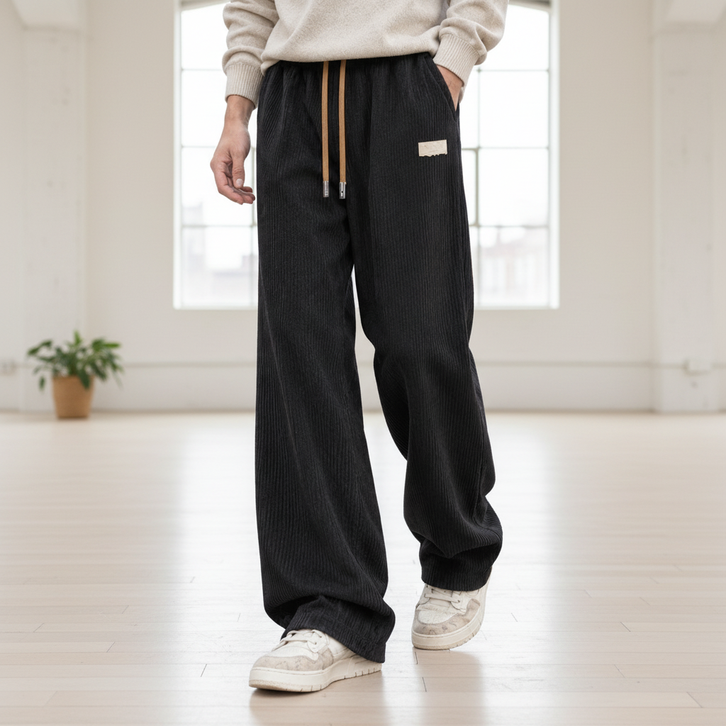 Men Corduroy Wide Leg Pants - Black