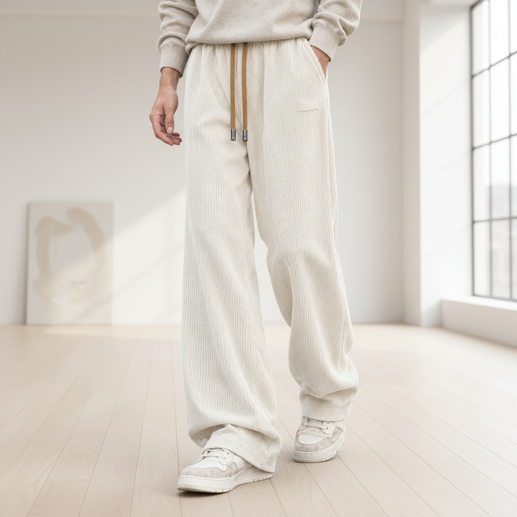 Men Corduroy Wide Leg Pants - Apricot