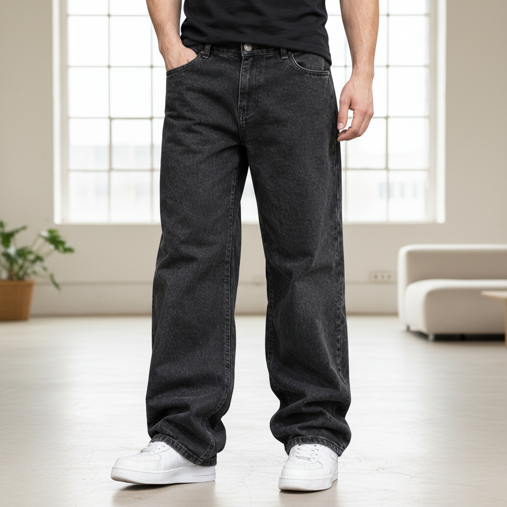 Men Five Pocket Wide Leg Jeans - Black