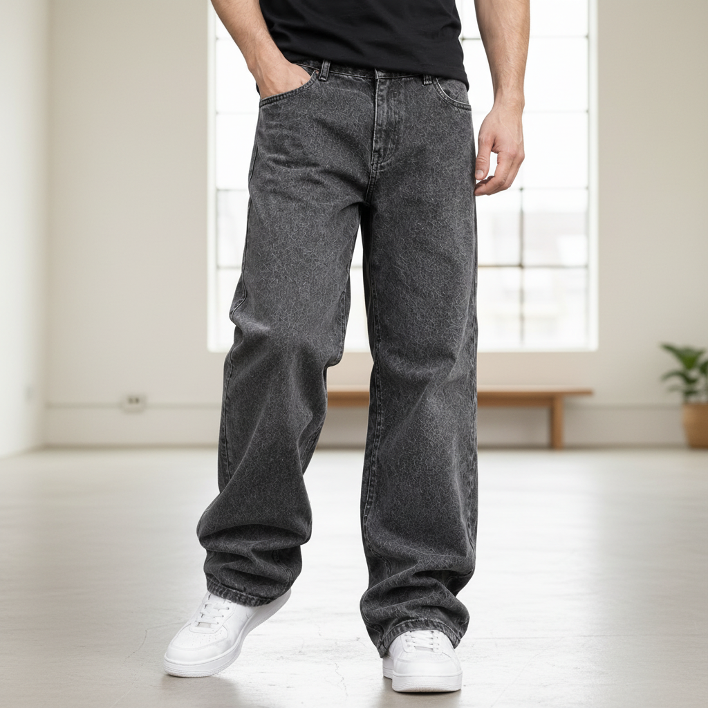 Men Five Pocket Wide Leg Jeans - Gray