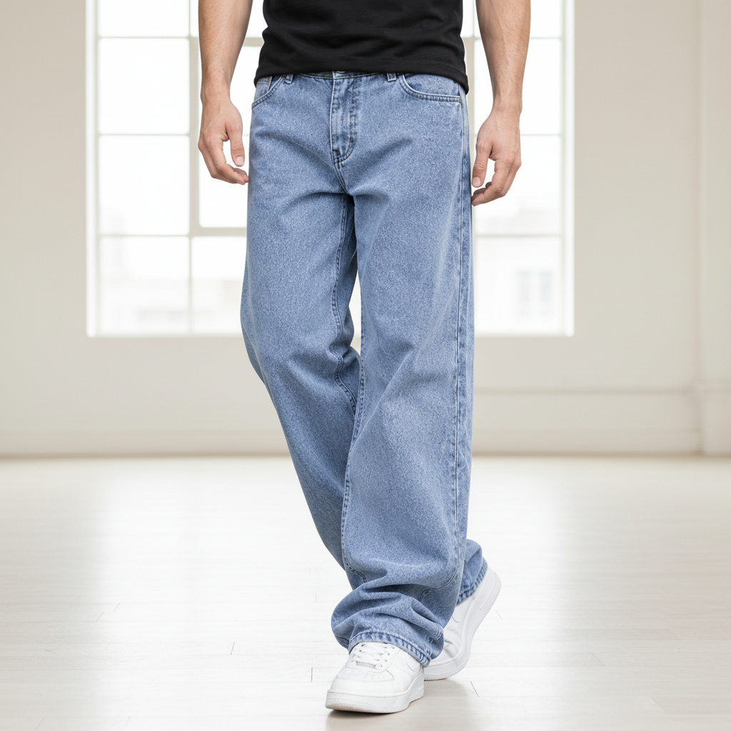 Men Five Pocket Wide Leg Jeans - Light Blue
