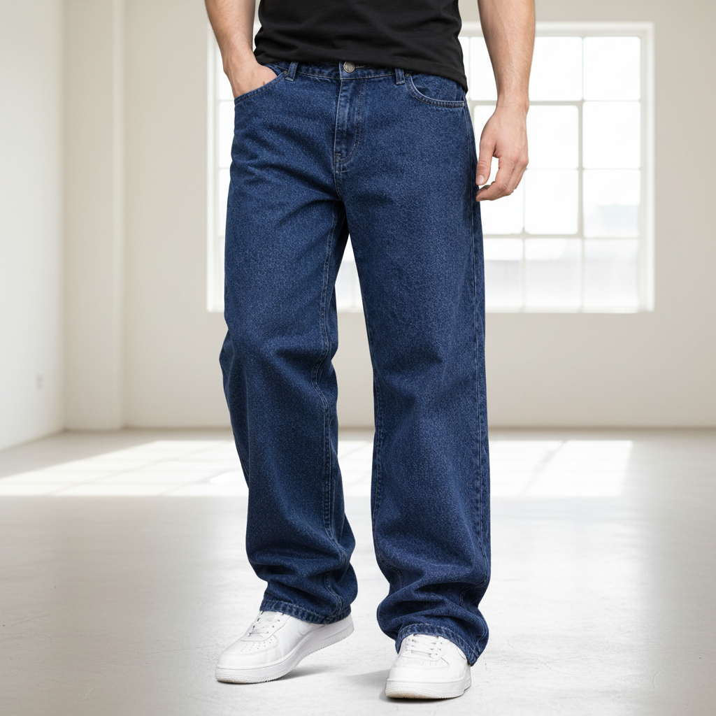 Men Five Pocket Wide Leg Jeans - Dark Blue