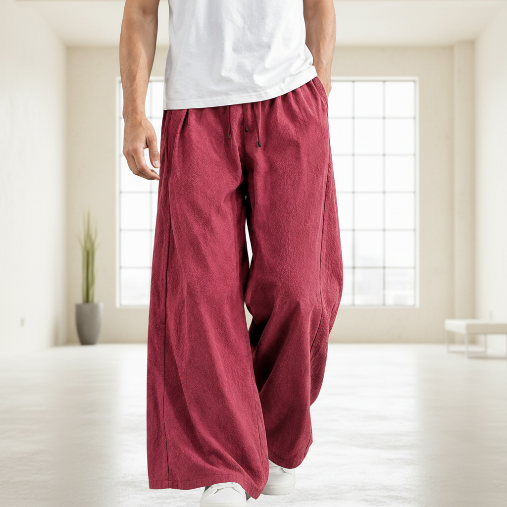 Men Linen Blend Wide Leg Pants - Wine Red
