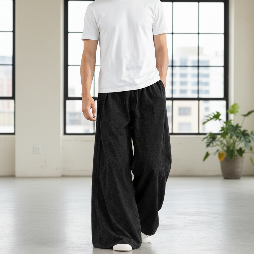 Men Linen Blend Wide Leg Pants - Black