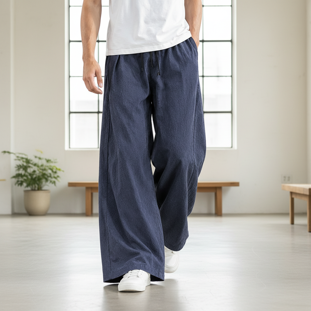 Men Linen Blend Wide Leg Pants - Navy Blue