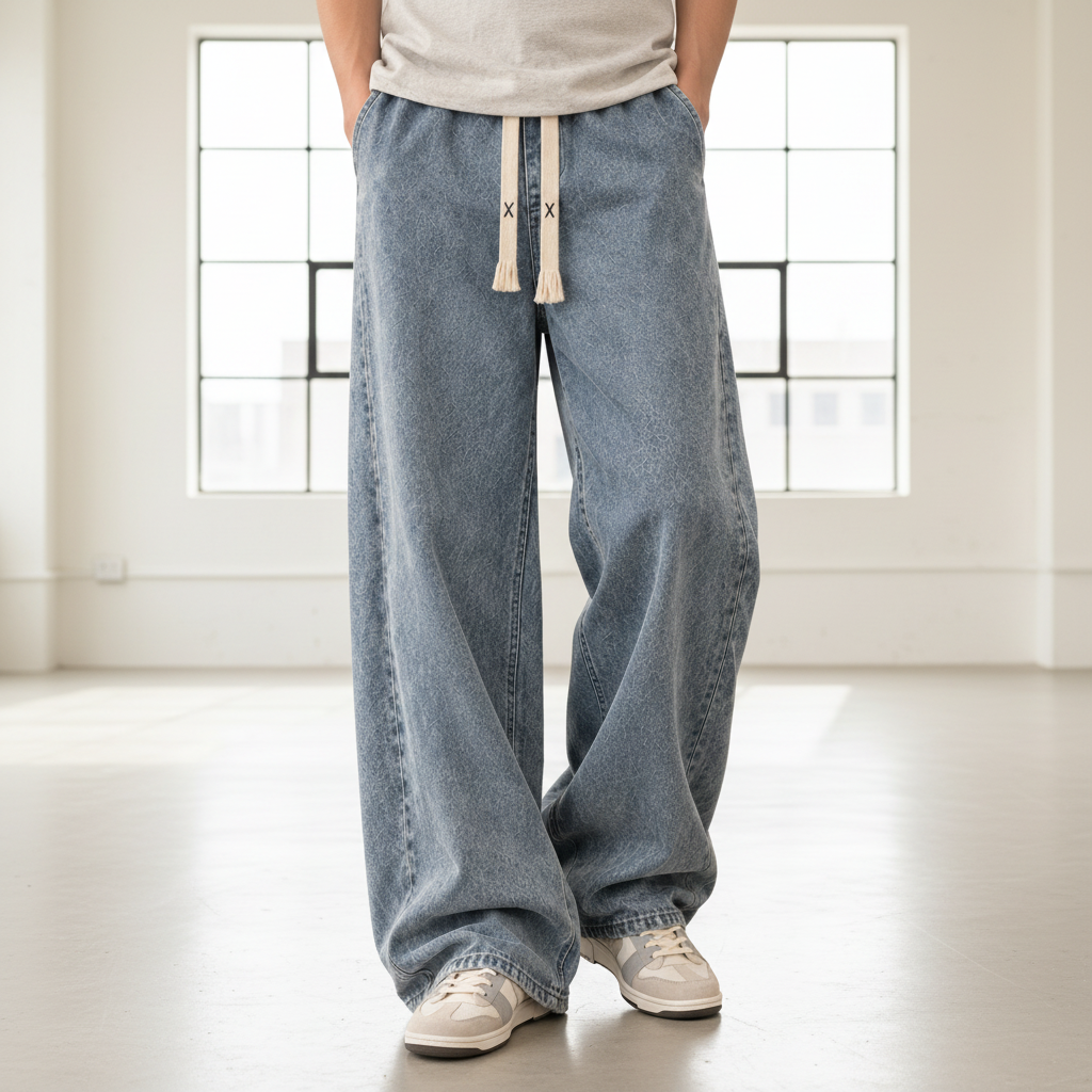Men Drawstring Wide Leg Jeans - Retro Blue