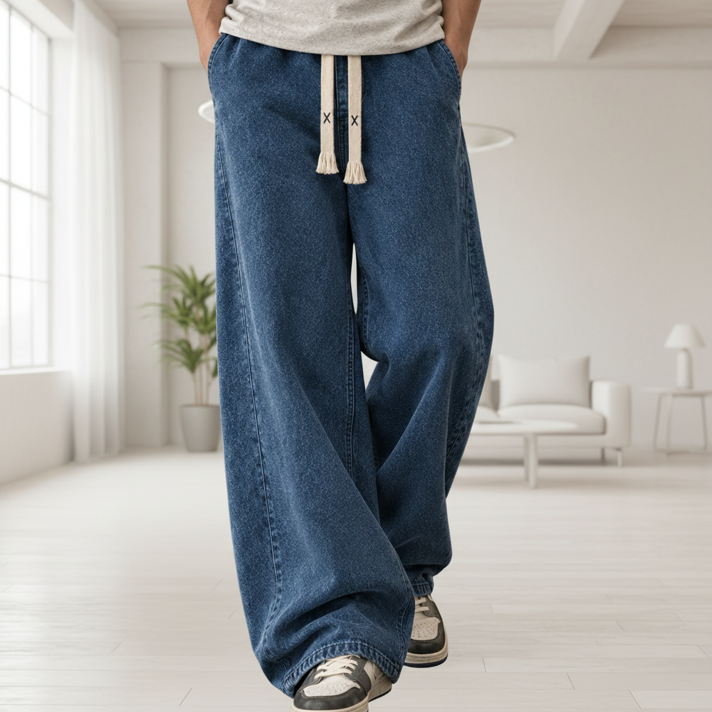 Men Drawstring Wide Leg Jeans - Blue