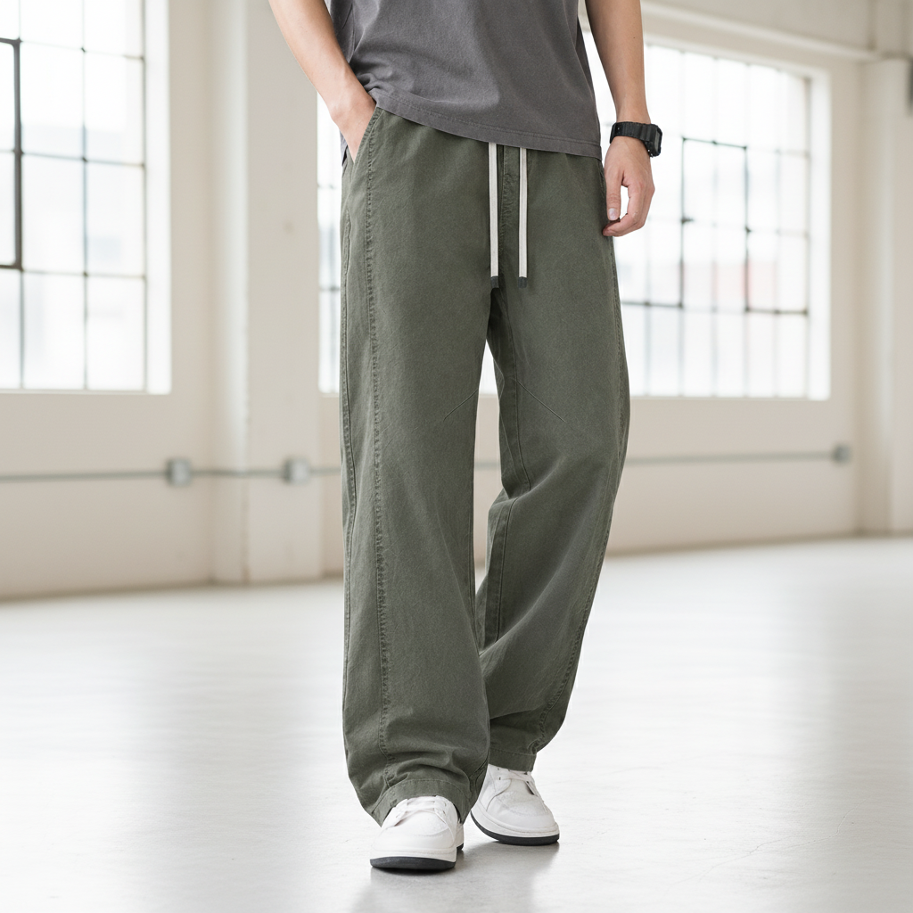 Men Cotton Relaxed Pants - Army Green