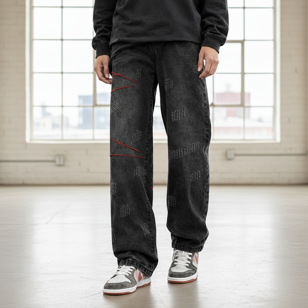 Men Distressed Straight Leg Jeans - Black