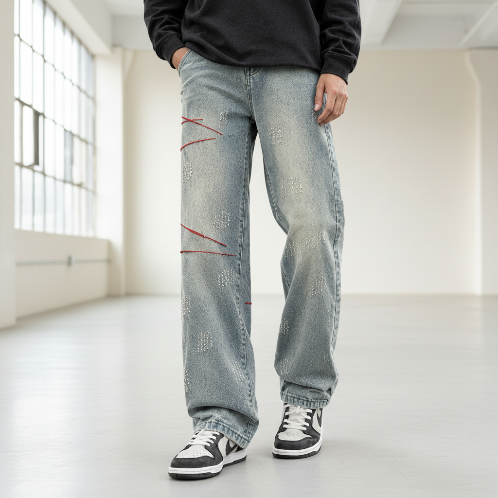 Men Distressed Straight Leg Jeans - Blue
