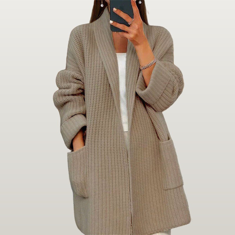 Women Wool Shawl Collar Cardigan - Camel