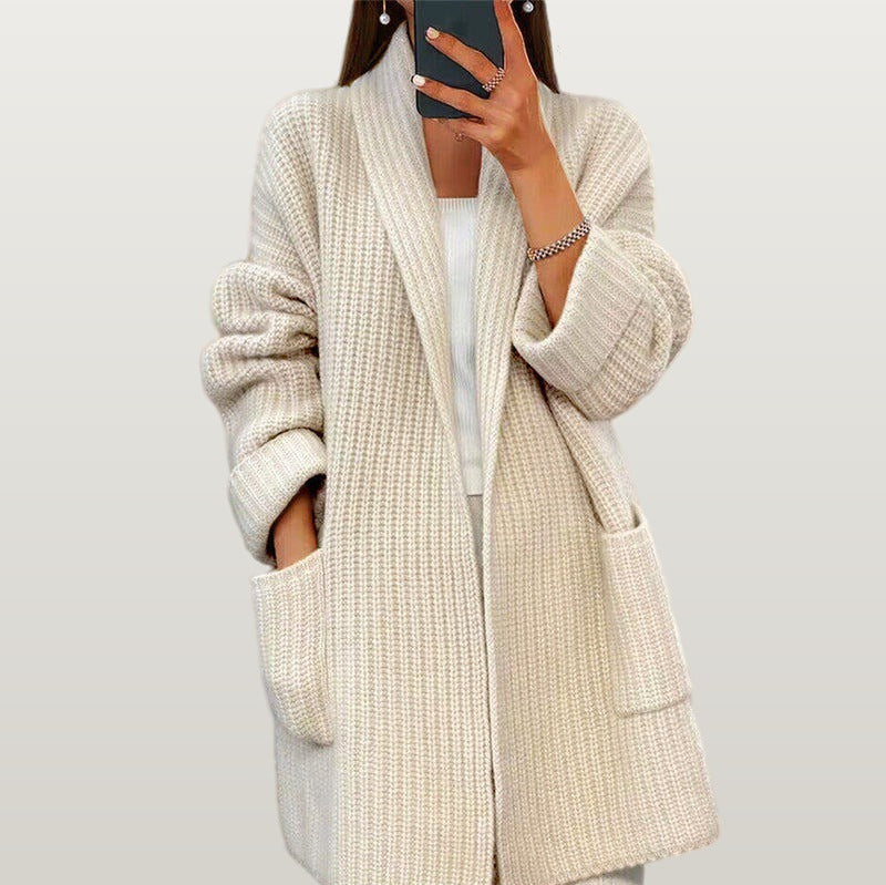 Women Wool Shawl Collar Cardigan - Beige