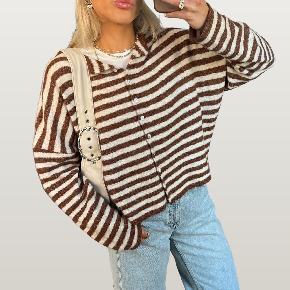 Women Striped Cardigan - Brown