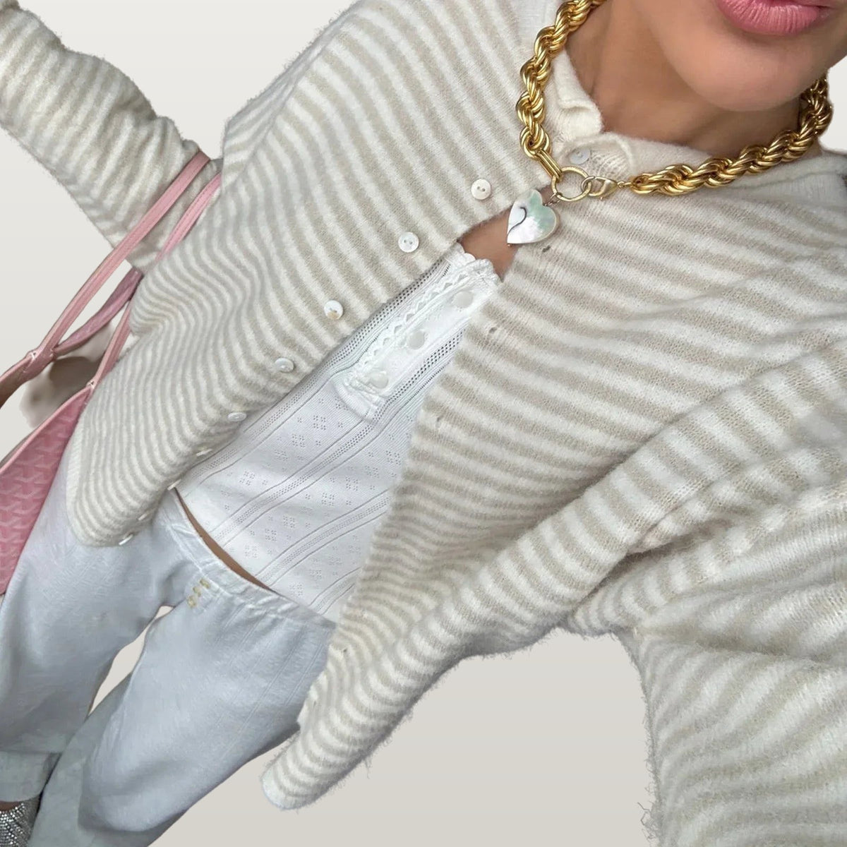 Women Striped Cardigan - Beige
