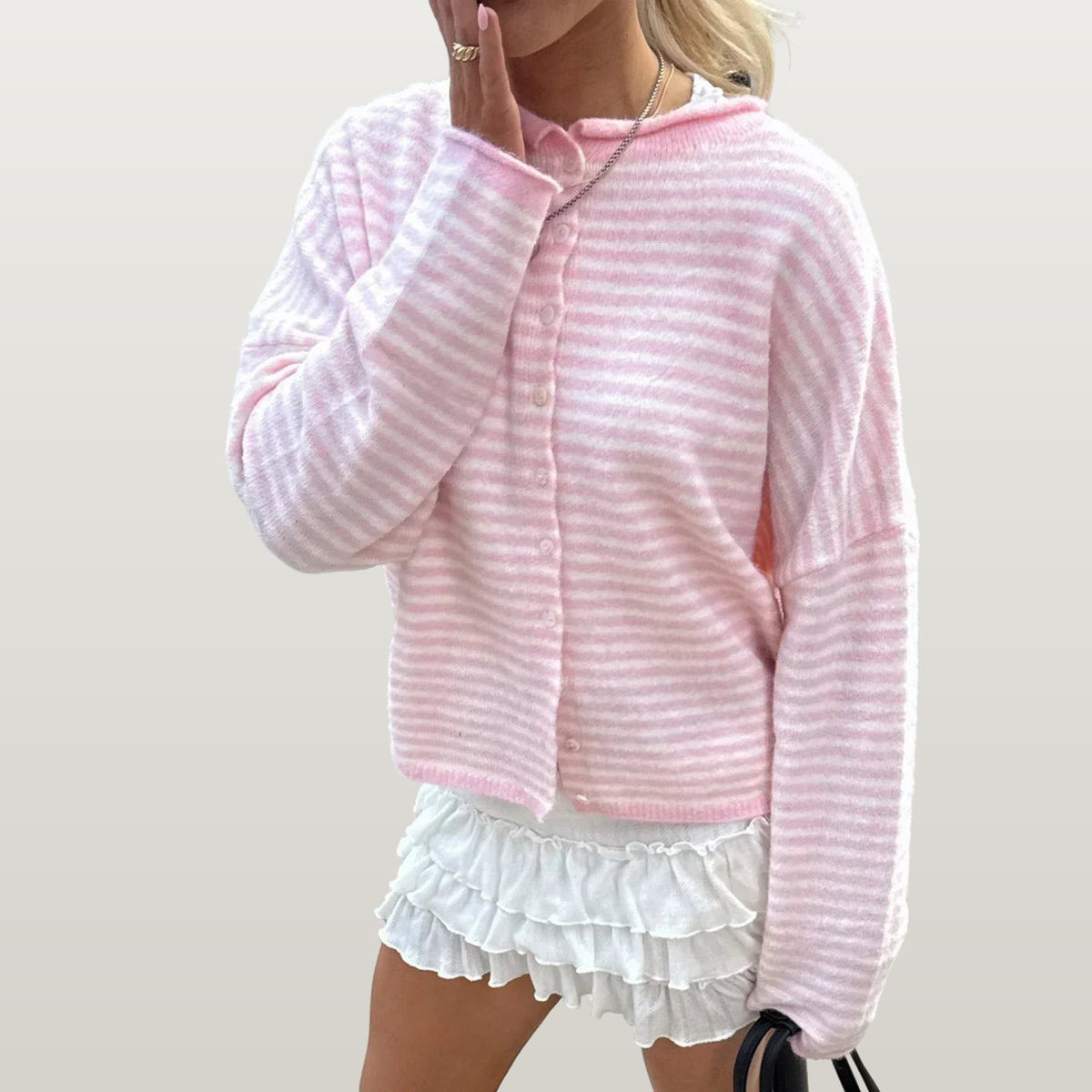 Women Striped Cardigan - Pink