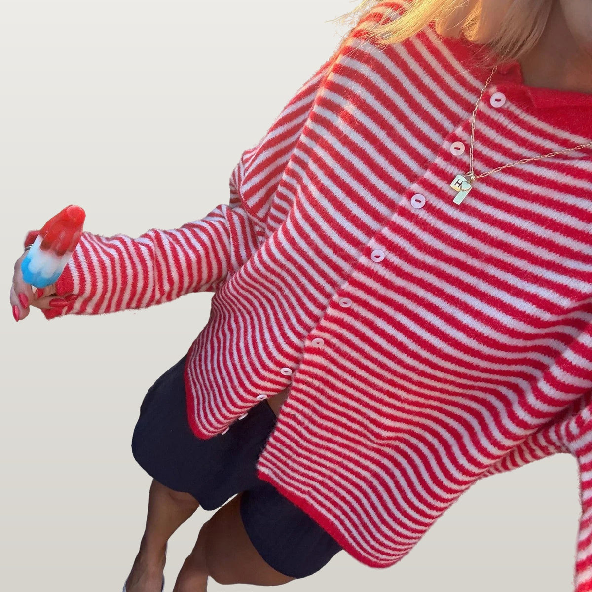 Women Striped Cardigan - Red