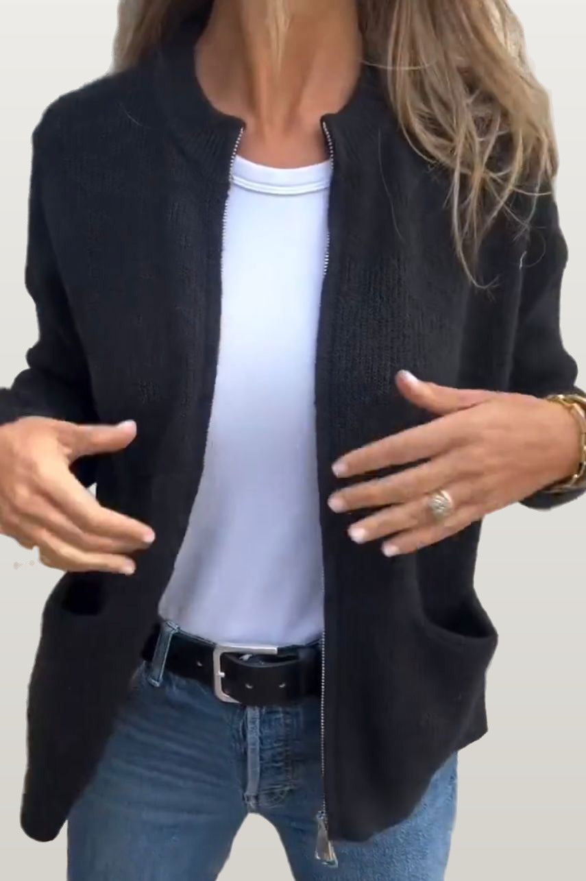 Women Ribbed Zip Cardigan - Black