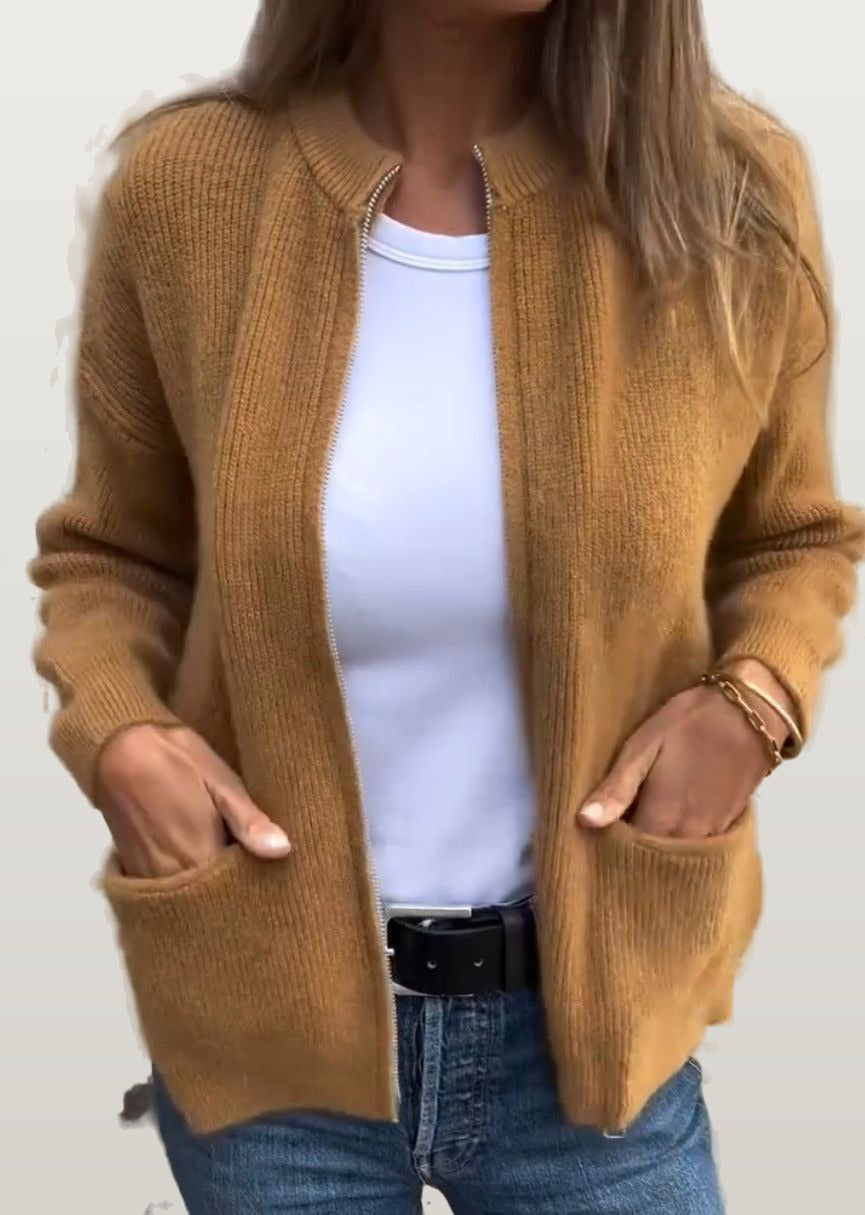 Women Ribbed Zip Cardigan - Brown