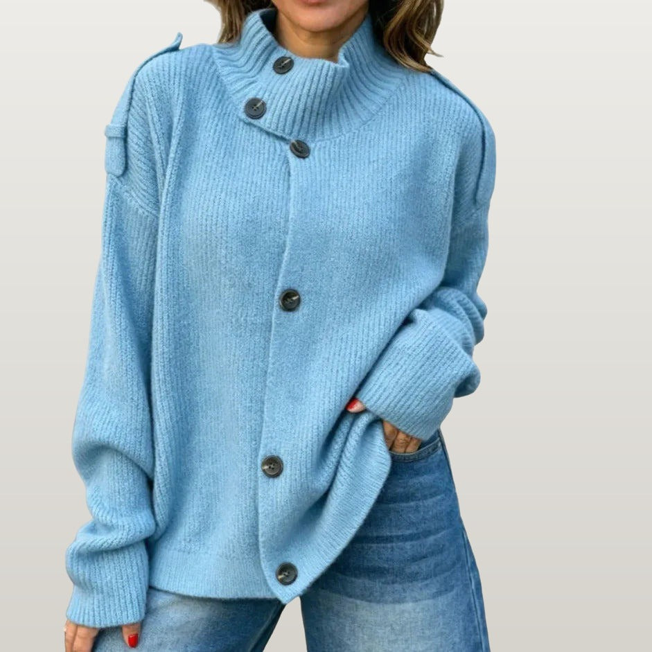Women Oversized High Neck Cardigan - Blue