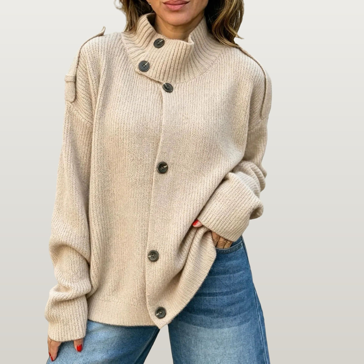 Women Oversized High Neck Cardigan - Apricot
