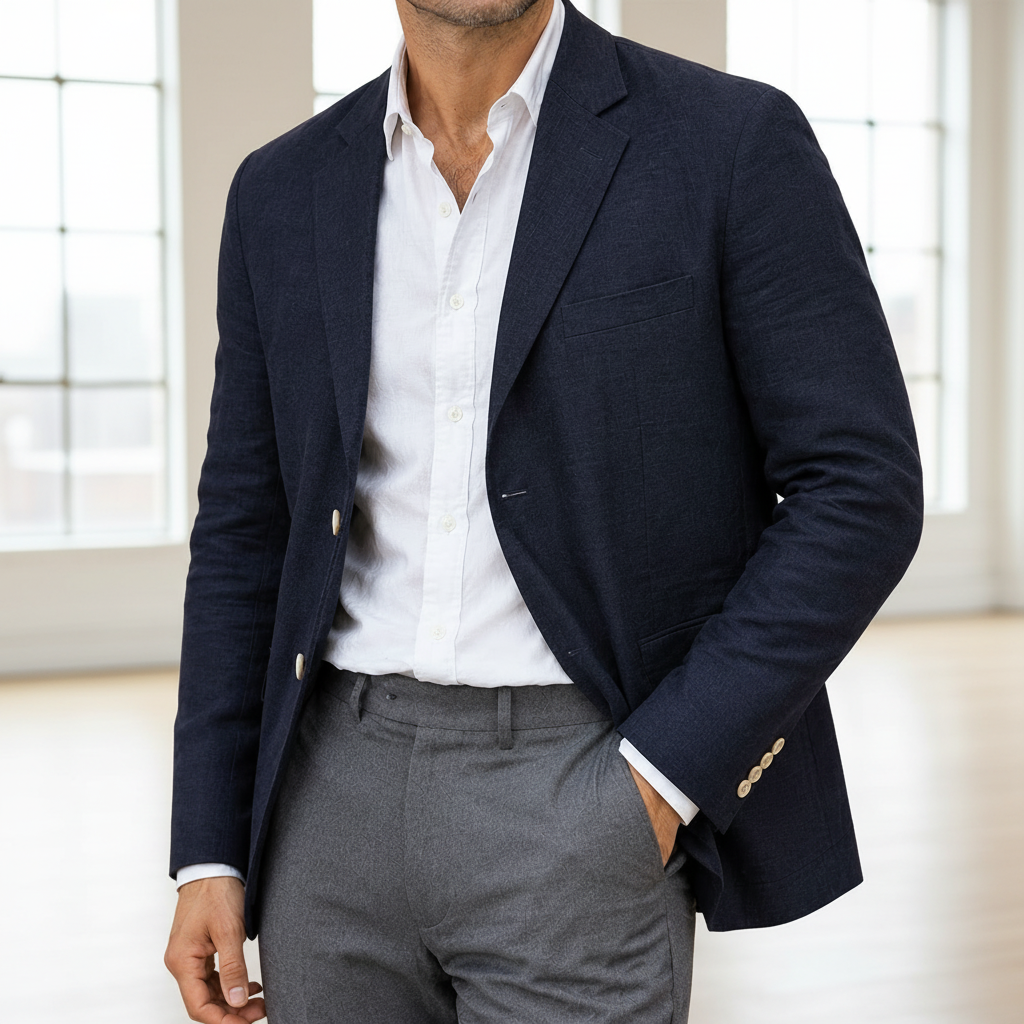 Men Linen Blazer - Navy