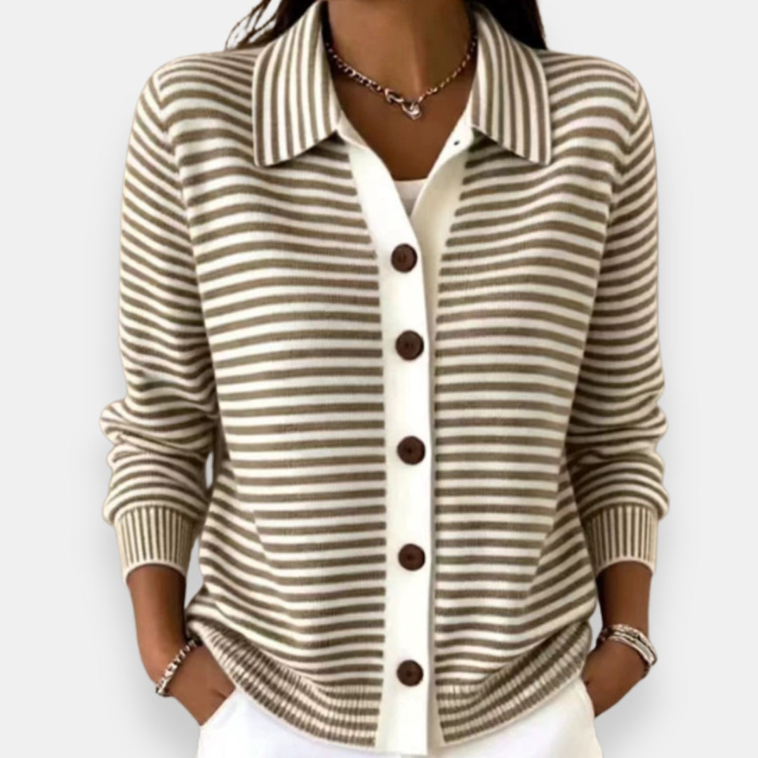 Women Collared Striped Cardigan