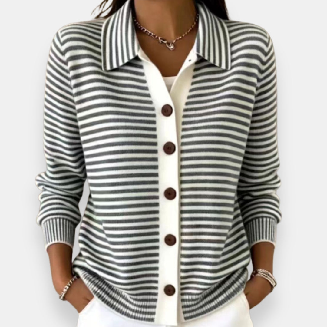Women Collared Striped Cardigan