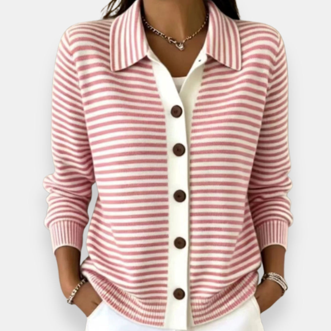 Women Collared Striped Cardigan
