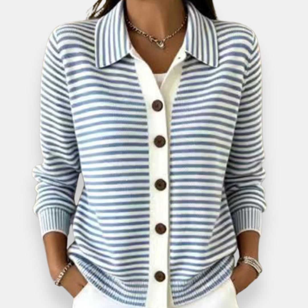 Women Collared Striped Cardigan