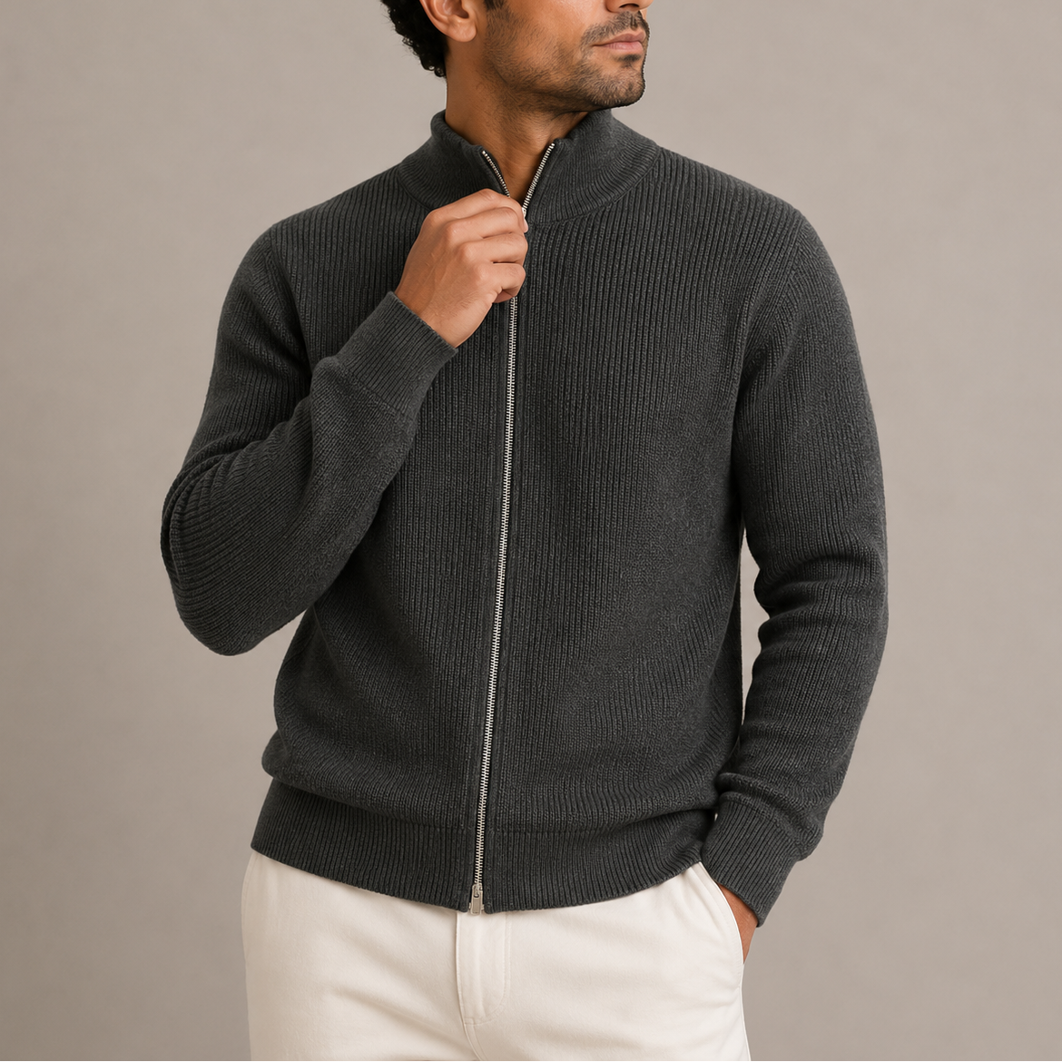 Men Ribbed Zip Cardigan