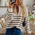 Ribbed Knit Half-Zip Striped Jumper for Women
