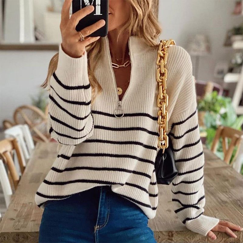 Ribbed Knit Half-Zip Striped Jumper for Women