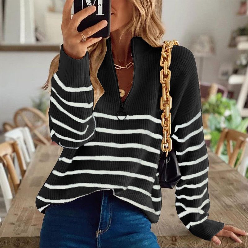 Ribbed Knit Half-Zip Striped Jumper for Women - Black