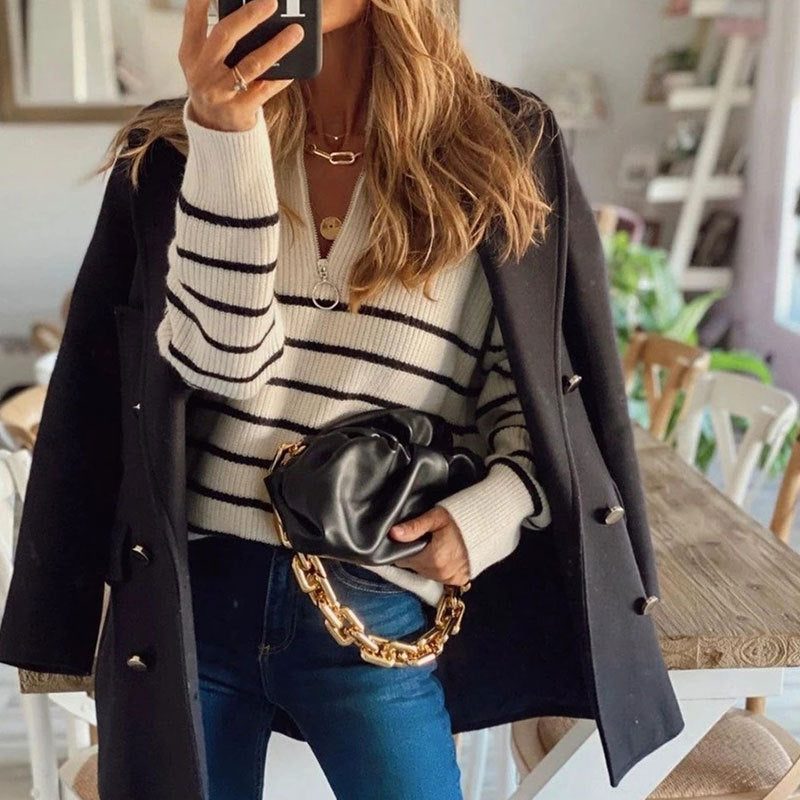Ribbed Knit Half-Zip Striped Jumper for Women - View 5
