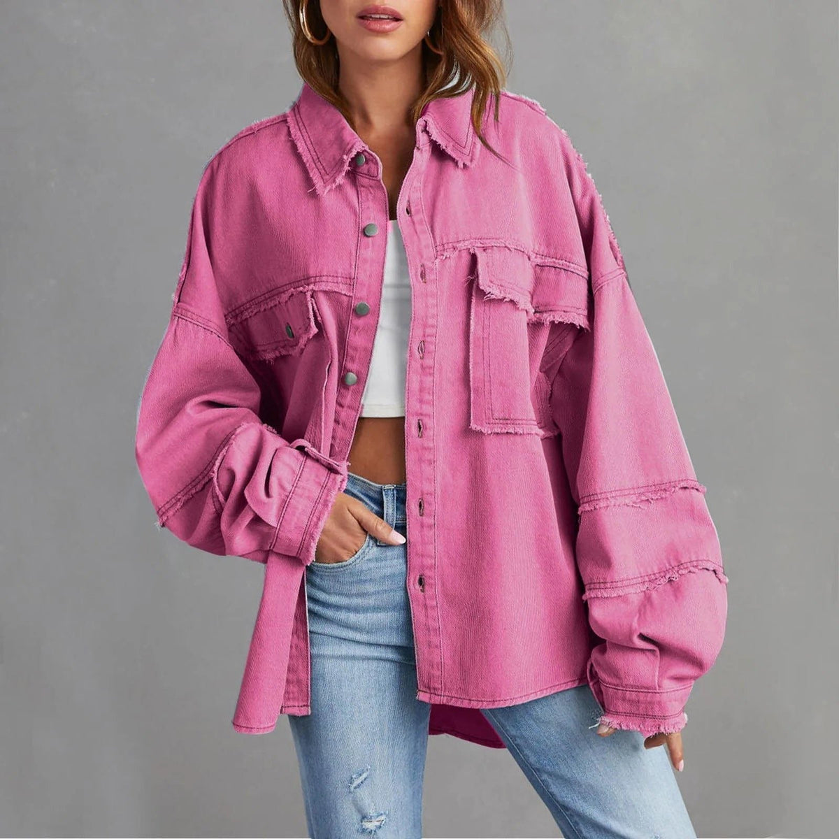Oversized Button-Down Denim Jacket for Women