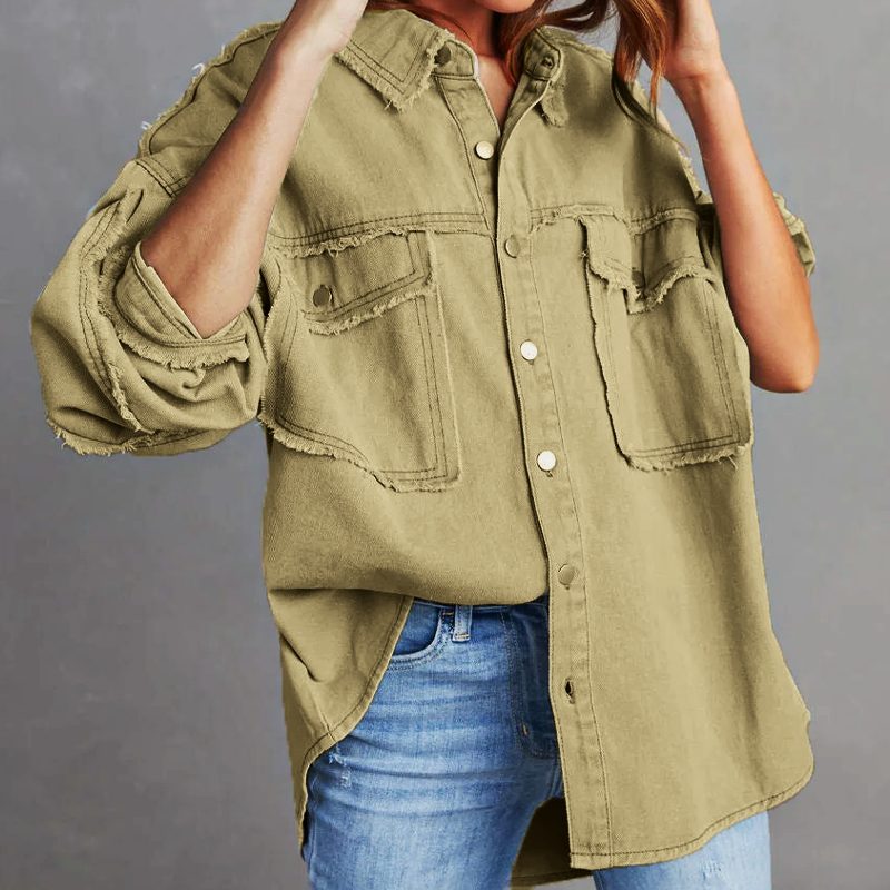 Oversized Button-Down Denim Jacket for Women - Oak Brown