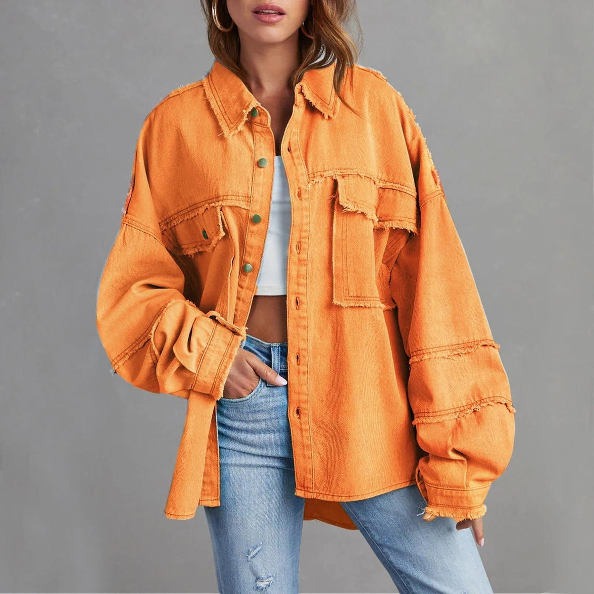 Oversized Button-Down Denim Jacket for Women - Scarlet Orange