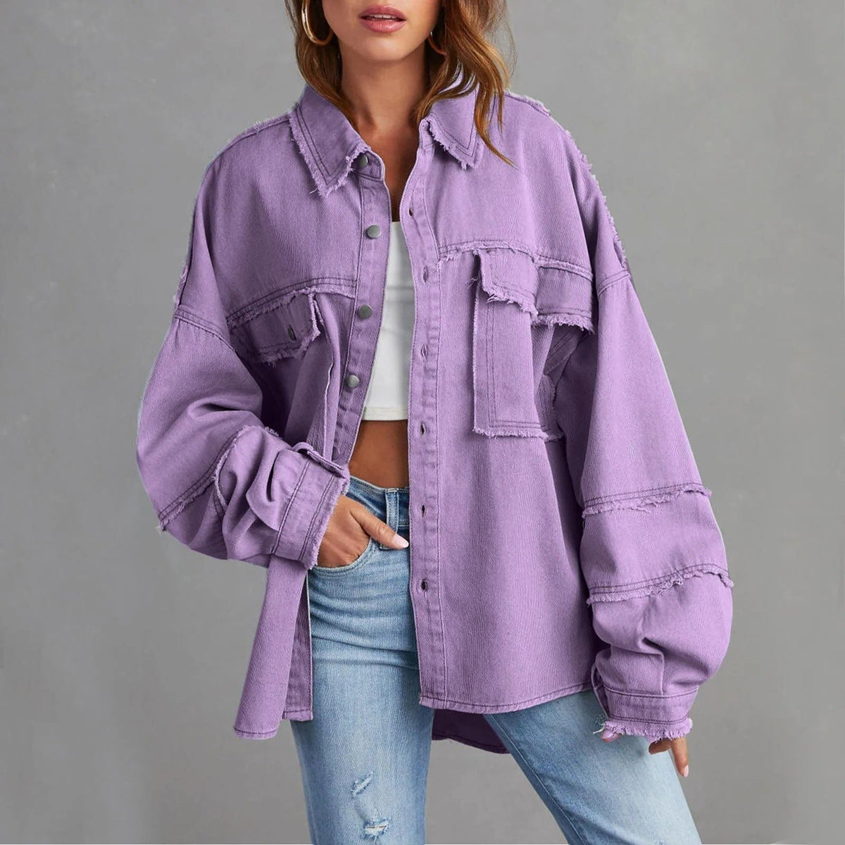 Oversized Button-Down Denim Jacket for Women - Lavender Purple