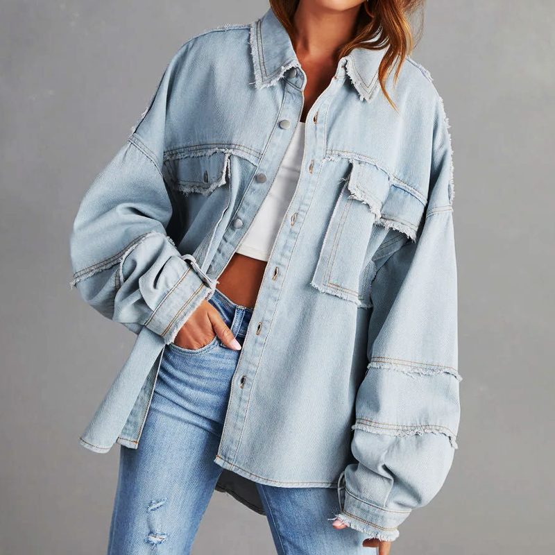 Oversized Button-Down Denim Jacket for Women - Denim Blue