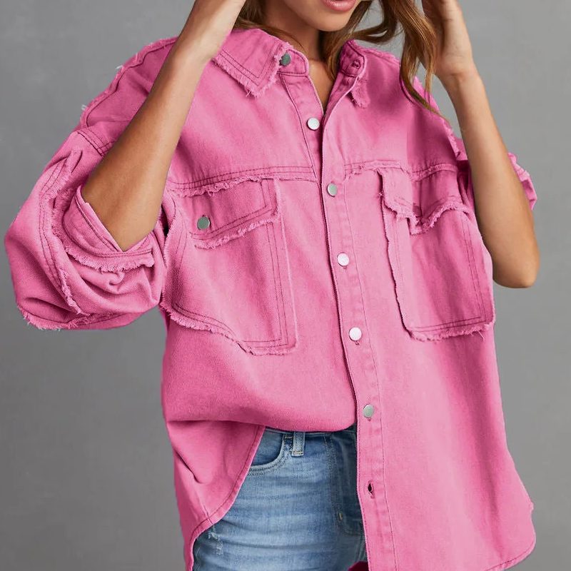 Oversized Button-Down Denim Jacket for Women - View 2
