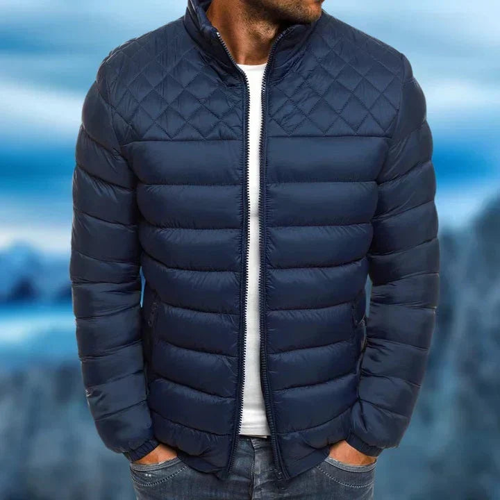 Men's quilted winter puffer jacket with storm flap