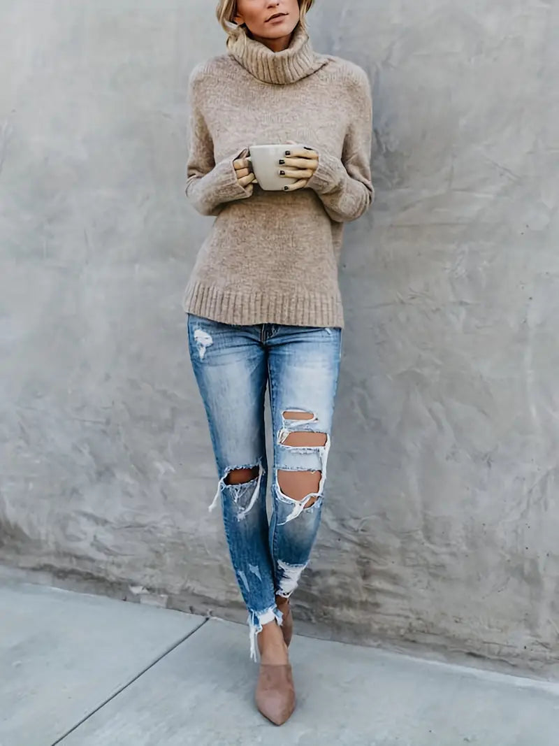Women Ribbed Knit Turtleneck Sweater